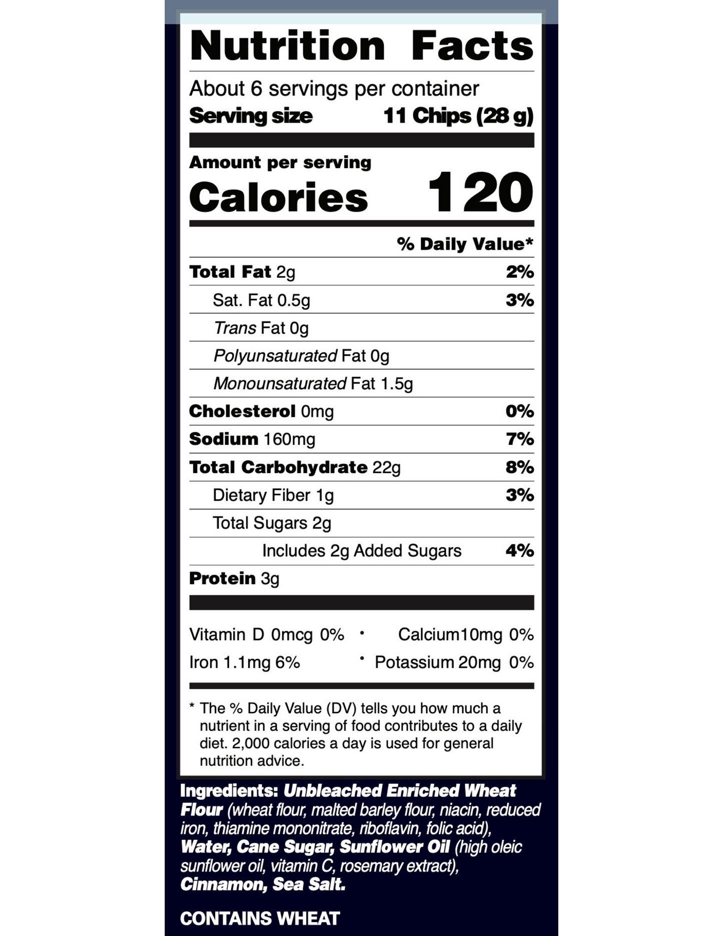 Nutrition panel Cinnamon Sugared Matzo Chips 6 oz