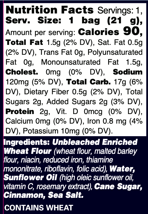 Nutrition panel Cinnamon Sugared Matzo Bites